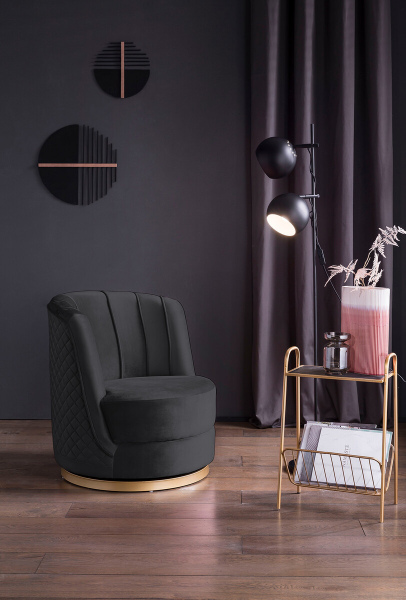 SalesFever Drehsessel aus Samt Schwarz, mit Diamantsteppung, Sockel goldfarben