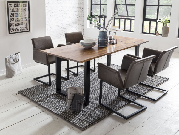 SalesFever Esszimmerstuhl 2er Set dunkelbraun Kunstleder-Optik, schwarz lackiertes Gestell, mit Armlehnen