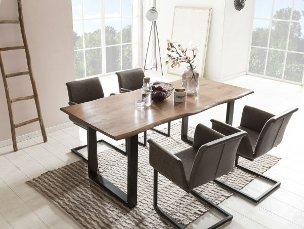SalesFever Esszimmerstuhl 2er Set dunkelbraun Kunstleder-Optik, schwarz lackiertes Gestell, mit Armlehnen