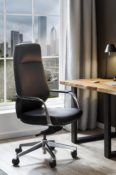 SalesFever Bürostuhl Kunstleder-Optik schwarz, Kunstleder-Optik Rollen, poliertes Aluminium Gestell