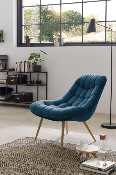 SalesFever Sessel XXL Samt blau Metall Holzoptik, 100% Polyester, Metallbeine in Holzoptik, mit Steppung