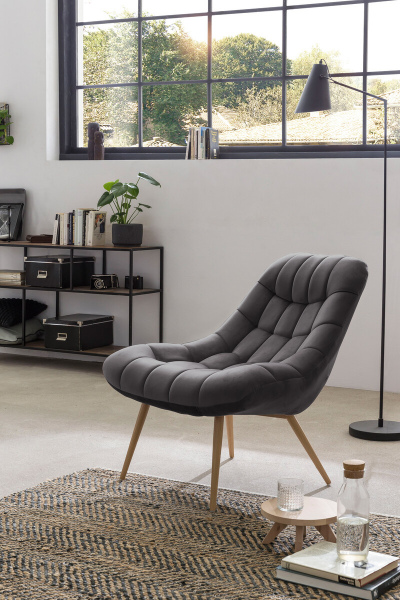 SalesFever Sessel XXL Samt grau Metall Holzoptik, 100% Polyester, Metallbeine in Holzoptik, mit Steppung