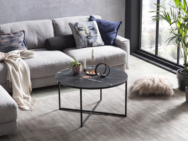 SalesFever Couchtisch Ø 80 cm, Foliert in Marmoroptik Schwarz, Gestell Schwarz