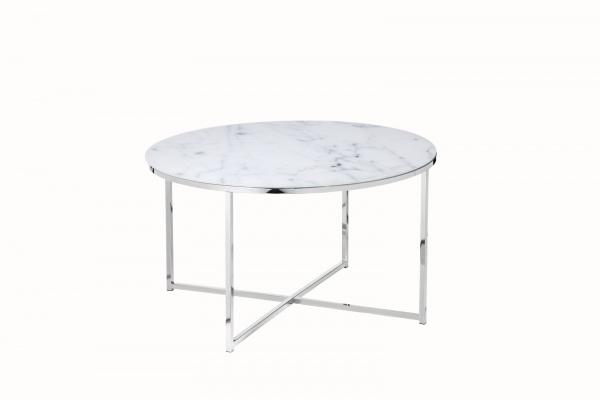 SalesFever Couchtisch Ø 80 cm, Foliert in Marmoroptik Weiß, Gestell Chromfarben