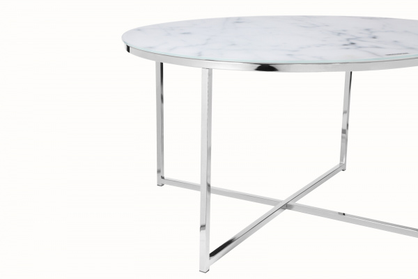 SalesFever Couchtisch Ø 80 cm, Foliert in Marmoroptik Weiß, Gestell Chromfarben