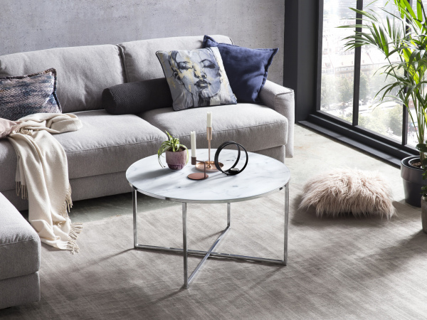 SalesFever Couchtisch Ø 80 cm, Foliert in Marmoroptik Weiß, Gestell Chromfarben