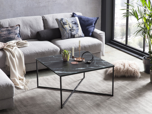 SalesFever Couchtisch 80x80x45 cm, Foliert in Marmoroptik Schwarz, Gestell Schwarz