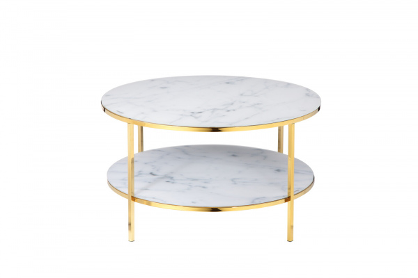 SalesFever Couchtisch mit 2 Ablagen Ø 80 cm, Foliert in Marmoroptik Weiß, Gestell goldfarben