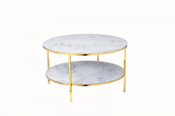 SalesFever Couchtisch mit 2 Ablagen Ø 80 cm, Foliert in Marmoroptik Weiß, Gestell goldfarben