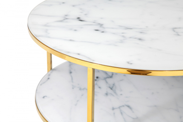 SalesFever Couchtisch mit 2 Ablagen Ø 80 cm, Foliert in Marmoroptik Weiß, Gestell goldfarben