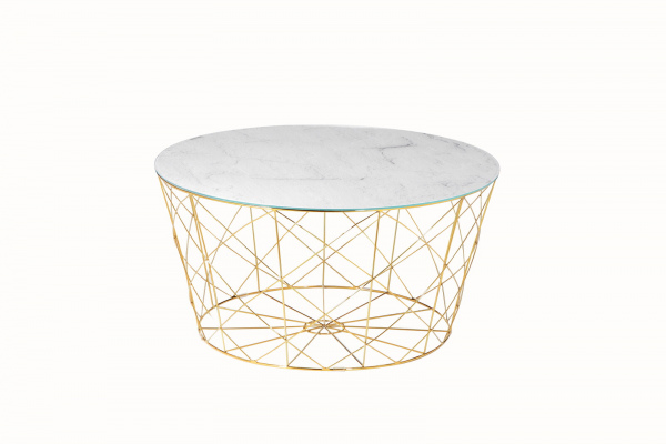 SalesFever Couchtisch mit Metallkorb Ø 80 cm, Foliert in Marmoroptik Weiß, Gestell goldfarben