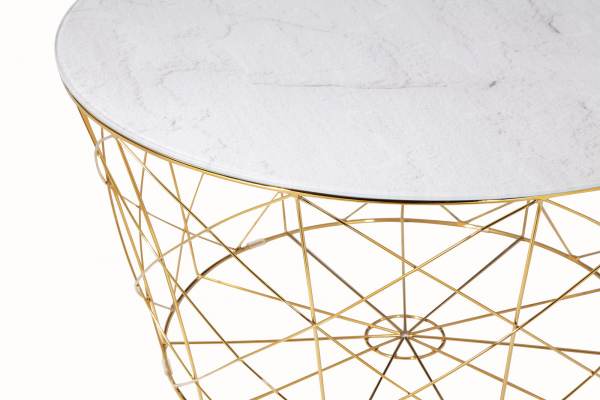 SalesFever Couchtisch mit Metallkorb Ø 80 cm, Foliert in Marmoroptik Weiß, Gestell goldfarben