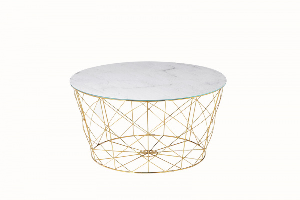 SalesFever Couchtisch mit Metallkorb Ø 80 cm, Foliert in Marmoroptik Weiß, Gestell goldfarben