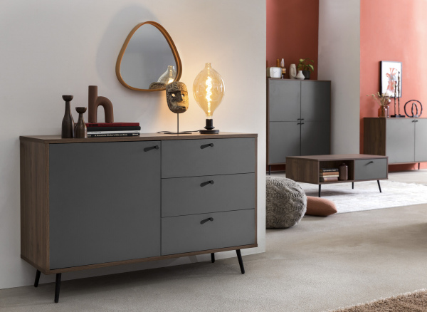 SalesFever Sideboard 118 cm Walnuss/Grau, Mit einer Türe und 3 Schubladen