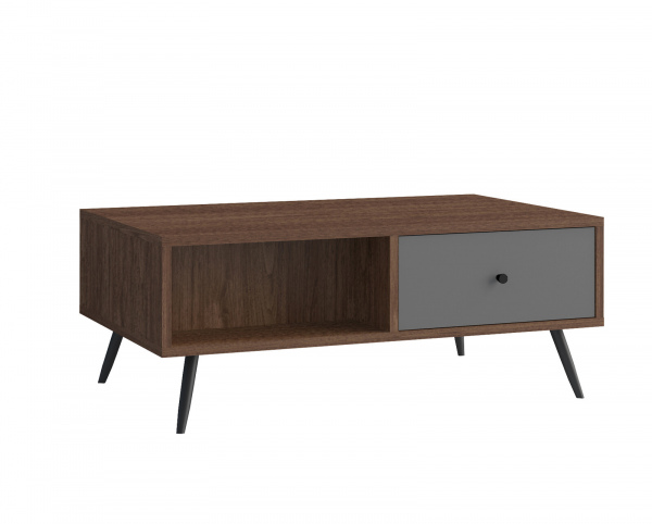SalesFever Couchtisch Walnuss/Grau, Mit offenem Fach und Schublade, Füße Metall matt Schwarz