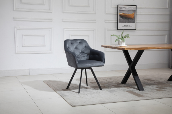 SalesFever Armlehnstuhl mit 360° Drehfunktion Grau, Samtbezug, Beine Metall Schwarz pulverbeschichtet