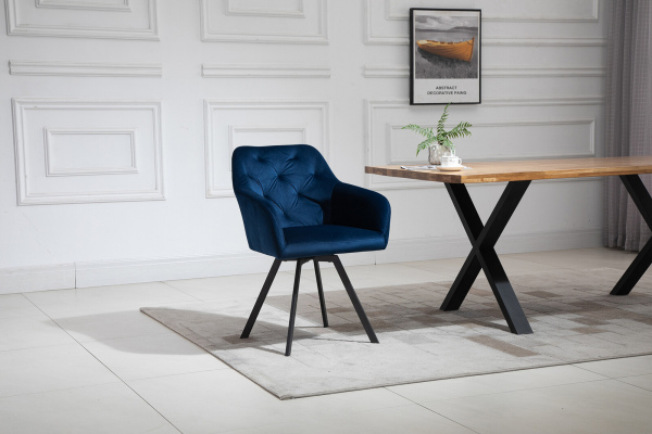 SalesFever Armlehnstuhl mit 360° Drehfunktion Blau, Samtbezug, Beine Metall Schwarz pulverbeschichtet