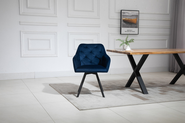 SalesFever Armlehnstuhl mit 360° Drehfunktion Blau, Samtbezug, Beine Metall Schwarz pulverbeschichtet
