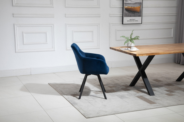 SalesFever Armlehnstuhl mit 360° Drehfunktion Blau, Samtbezug, Beine Metall Schwarz pulverbeschichtet