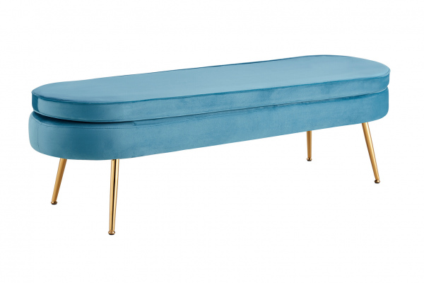 SalesFever Sitzpouf oval lang aus Samt Blau, Beine Chrom goldfarben, mit hohem Sitzkissen