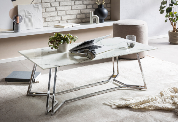 SalesFever Couchtisch 110x60 cm, Tischplatte in Marmoroptik, Gestell Chrom